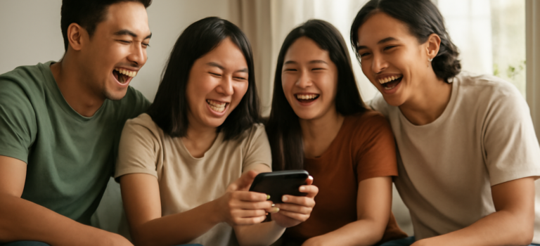 Mengapa Video Lucu Receh Lebih Menghibur daripada Komedi Mahal Sekelompok teman tertawa menonton video lucu di ponsel
