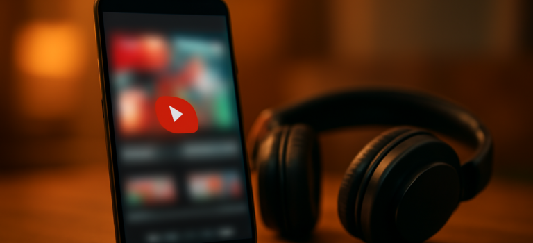 Video Viral Lucu: Perbandingan Format Pendek vs Panjang Ponsel dan headphone di meja kayu untuk menonton video viral lucu